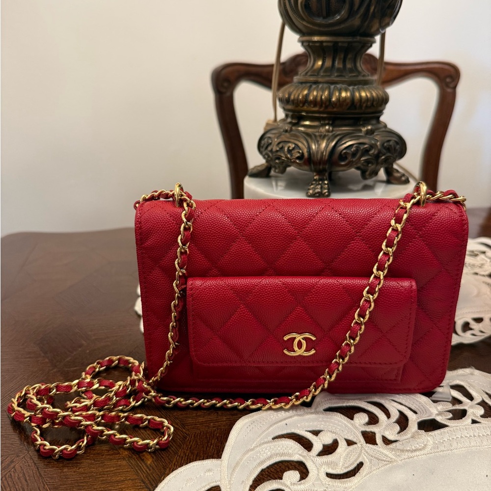 Chanel Red Quilted Crossbody Bag with Gold Chain